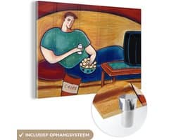MuchoWow® Glasschilderij 90x60 cm - Schilderij acrylglas - Een illustratie van een liggende man die televisie aan het kijken is - Foto op glas - Schilderijen