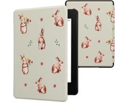 kwmobile e-reader hoesje geschikt voor Amazon Kindle Paperwhite 11. Generation 2021 hoes - E reader flip case met magnetische sluiting - Ereader cover - Konijntjes en Bloemen design in wit / bruin / grijsgroen