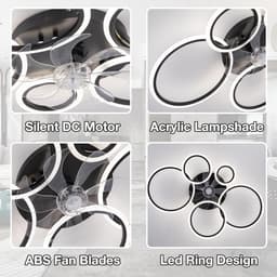 LuxiLamps - 5 Ringen Plafondventilator - Zwart - 6 Snelheden - Dimbaar Met Afstandsbediening en APP - Moderne Cirkel Ventilator Licht — thumbnail 2