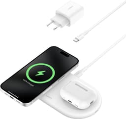 BELKIN Belkin 2in1 Qi2 15w Magnetic Charging Pad, Wit - Geschikt voor MAGSafe Draadloze oplader — thumbnail 1