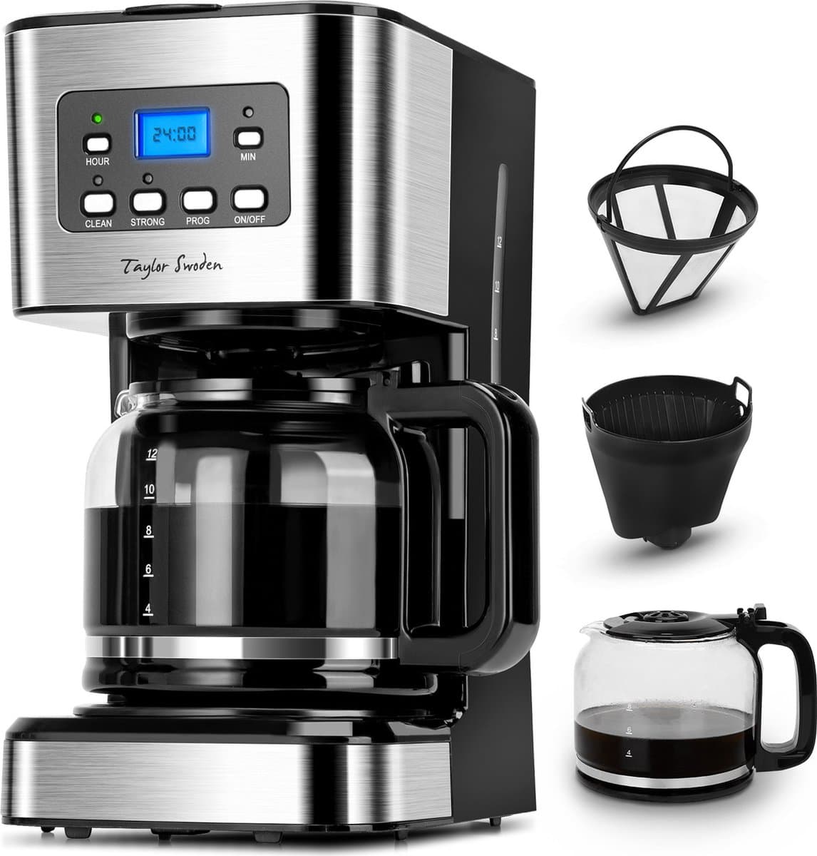 Taylor Swoden Koffiezetapparaat Filterkoffie - Koffiemachine 1.5L/ 12 Koppen - met Glazen Kan-Digitaal Display, Timer- Zwart/RVS - Darcy 30QUK — afbeelding 1