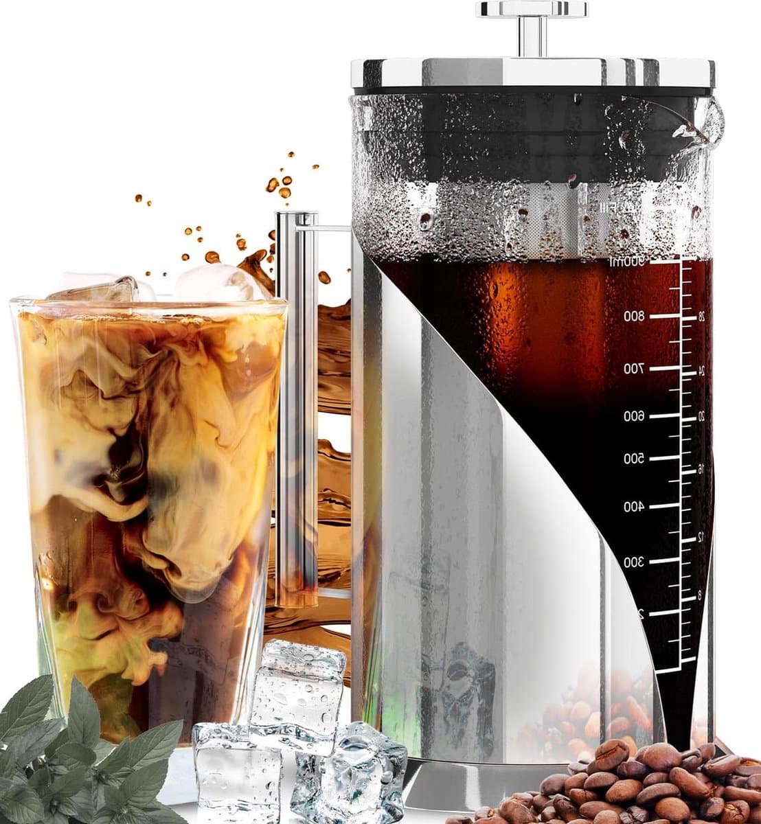 1L Cold Brew Coffee Maker - Luchtdichte Afsluiting - Snelle Zettijd - IJsthee en Koffieserver - Roestvrij Stalen IJskoffiemaker - Koffiepers - Glazen IJskoffiekan — afbeelding 1