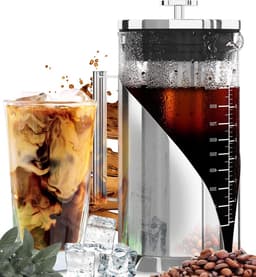 1L Cold Brew Coffee Maker - Luchtdichte Afsluiting - Snelle Zettijd - IJsthee en Koffieserver - Roestvrij Stalen IJskoffiemaker - Koffiepers - Glazen IJskoffiekan — thumbnail 1