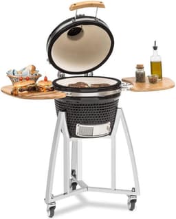 Klarstein Queensize kamado grill - om te grillen, slow cooking, roken of bakken, afneembare zijpanelen, materialen: keramiek, roestvrij staal, bamboe, thermometer van 0-450 °C, 3 wielen, zwart — thumbnail 1
