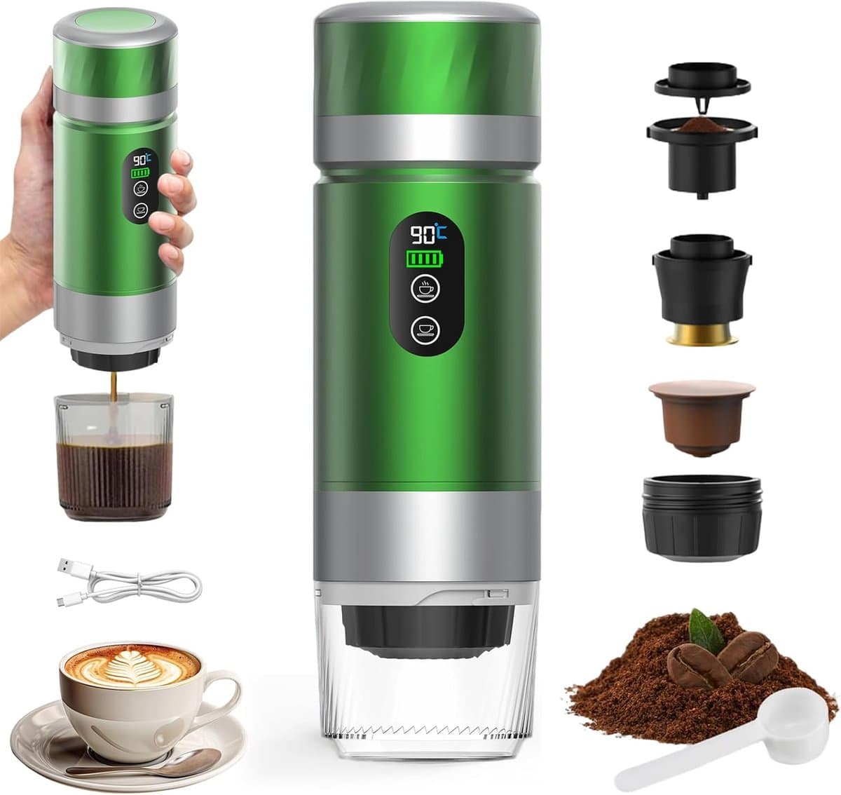 Draagbare koffiemachine,-de nieuwste upgrade van de derde generatie-3-in-1 elektrische espressomachine-12V oplaadbare espressomachine-voor kantoor-reizen-thuis- compatibel met espresso-capsules en gemalen koffie — afbeelding 1