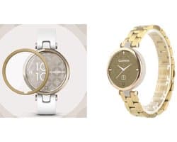 Stalen Smartwatch band + Full cover Screenprotector - Geschikt voor Garmin Lily stalen band - Goud - Strap-it Horlogeband / Polsband / Armband - RVS amrband - Stalen schakel band