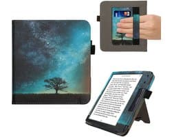 kwmobile e-reader hoesje geschikt voor Kobo Libra Colour hoes - E reader flip case van kunstleer - Ereader cover met stand - Sterrenstelsel en Boom design in blauw / grijs / zwart