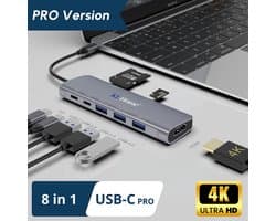 8 in 1 USB-C Hub - Docking Station – Laptop - Docking Station USB-C 3.0 – USB-C 100W opladen - 2x 4K HDMI - 1x VGA - Ethernetport
