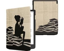 kwmobile e-reader hoesje geschikt voor Pocketbook InkPad 4 / Color 3 / Color 2 / Vivlio InkPad 4 / InkPad Color 3 hoes - E reader flip case met magnetische sluiting - Ereader cover - Meisje met boeken design in zwart / beige