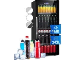 Klarstein Drankkoeler minikoelkast met glazen deur, minikoelkast voor op de kamer, kleine met verstelbare schappen, kleine koelkast van 242 liter, stille koelkast voor binnen en buiten - Drankkoelkast Drankenkoelkast - Touch Display - RVS
