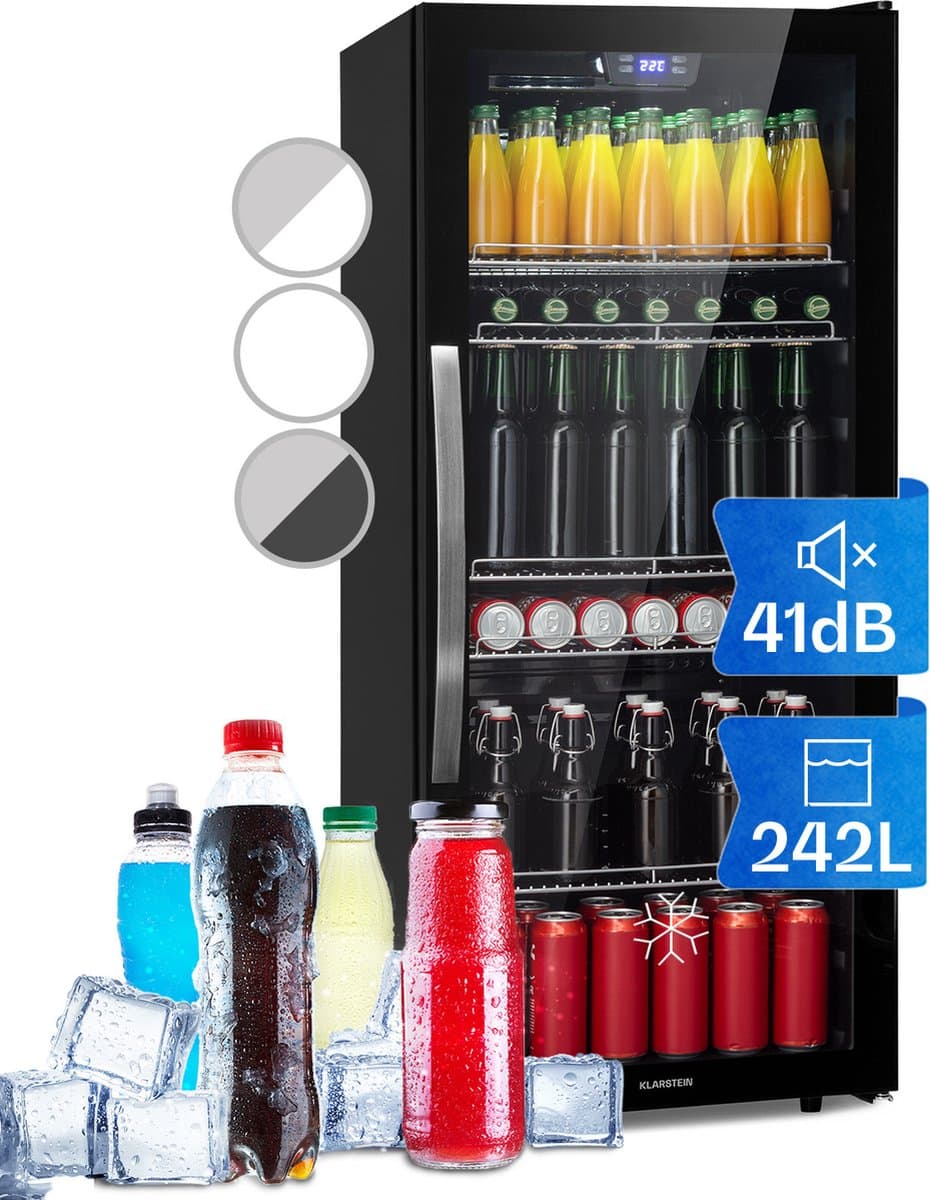 Klarstein Drankkoeler minikoelkast met glazen deur, minikoelkast voor op de kamer, kleine met verstelbare schappen, kleine koelkast van 242 liter, stille koelkast voor binnen en buiten - Drankkoelkast Drankenkoelkast - Touch Display - RVS — afbeelding 1