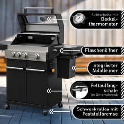 Gasbarbecue Station 57 x 128,6 x 113,8 cm – 3 Branders 13,5 kW – RVS Buitenkeuken met Infrarood Sear Brander, Zijbrander, Gietijzeren Grillroosters, Thermometer & Afdekhoes – Premium Tuin BBQ Grill Hektor 3B-S | HomebyNicole — thumbnail 5