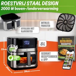 Nutrilovers NUTRI-FRYER Heteluchtfriteuse, roestvrij staal, XXL, 8 liter, 2000 W, roestvrij staal met led-touch-display, Double Heating technologie, kijkvenster, vetarme friet, friteuse zonder olie [Energieklasse A+++] — thumbnail 6