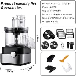 Elektrische Groentesnijder - Keukenmachine - Maaltijden Bereiden - 5-in-1 Functies - 5 Liter - Zilver — thumbnail 4
