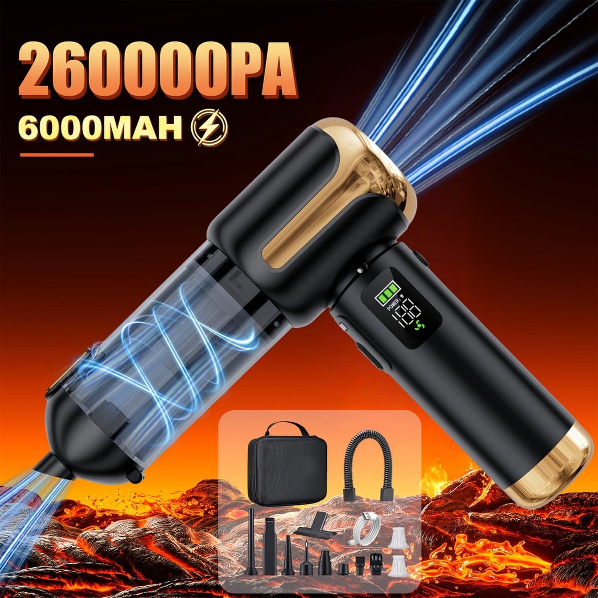 26000Pa Snoerloze Handstofzuiger – Draagbare Auto & Huis Stofzuiger met LED, 0,25L Stofbeker, 4-in-1, USB Oplaadbaar, Blazen & Zuigen — afbeelding 1
