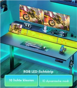 Elektrisch Gaming Bureau 140 Cm - In Hoogte Verstelbaar - RGB LED Verlichting En Stopcontacten - Met Opbergruimtes - Bekerhouder En Headset Haak - Carbon Look Werkblad - Zwart — thumbnail 3