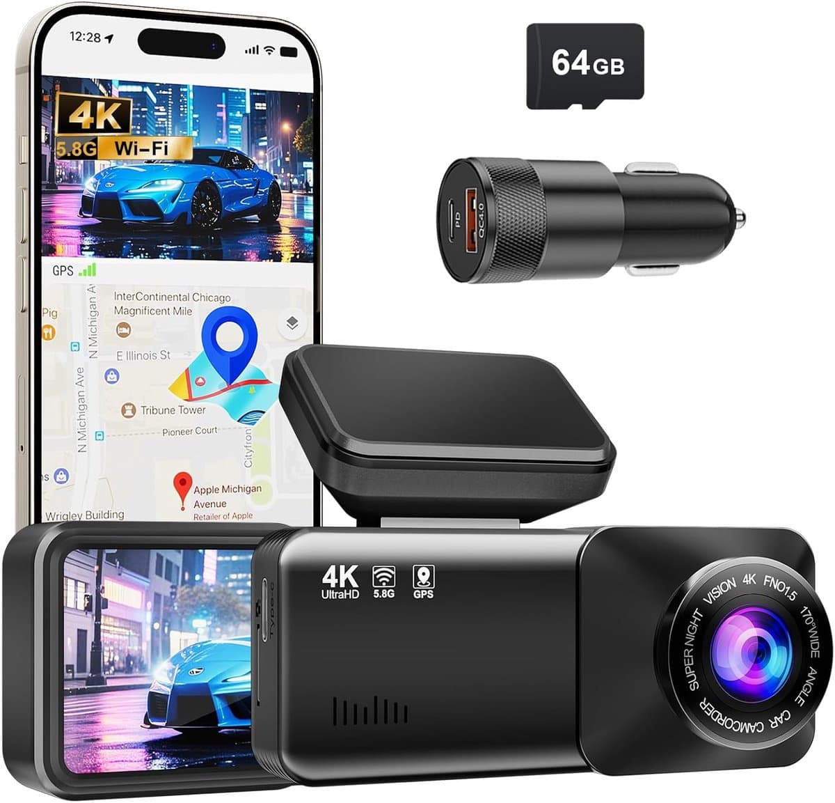 Dashcam - Dashcam voor auto - 4K Dashcam voor - Mini Dashcam - 64GB Kaart - Super Nachtzicht, Loopopname, G-sensor, 24-uurs Parkeermonitor — afbeelding 1
