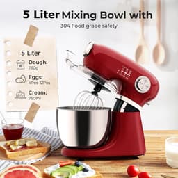 Swiss Haus® KM1905 Keukenmachine – 1000W Keukenrobot – 5L RVS Mengkom met Handgreep – 12 Snelheden – Retro Design – Multifunctionele Keukenmixer met Accessoires - Rood — thumbnail 4