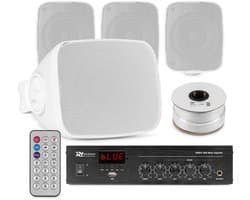 Power Dynamics buiten speakers set van 4 waterdichte mini speakers - Bluetooth en FM radio - Wit