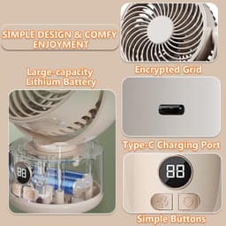 USB Ventilator - 3600mAh Batterij - 3 Snelheden - Stille Werking - 140° Kantelbaar - Automatisch Draaibaar - LED Display - Geschikt voor Thuis en Kantoor - Oplaadbaar - Gebroken Wit — thumbnail 2
