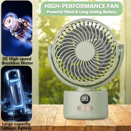 USB Ventilator - 3600mAh Batterij - 3 Snelheden - Stille Werking - 140° Kantelbaar - Automatisch Draaibaar - LED Display - Geschikt voor Thuis en Kantoor - Oplaadbaar - Groente — thumbnail 2