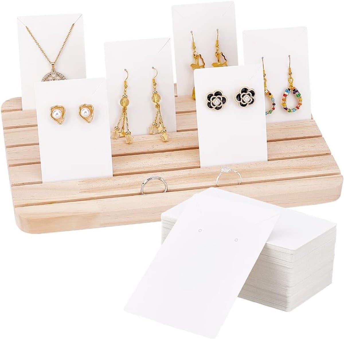 Houten Displaystandaard voor Sieraden met 6 Slots, Oorbellen en Ringen Houder, Inclusief 100 Stuks Displaykaarten voor Thuis en Winkel, 10.9 x 6.6 Inch — afbeelding 1