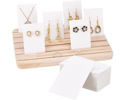Houten Displaystandaard voor Sieraden met 6 Slots, Oorbellen en Ringen Houder, Inclusief 100 Stuks Displaykaarten voor Thuis en Winkel, 10.9 x 6.6 Inch