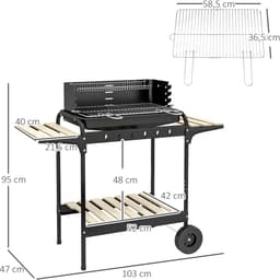Holzkohlegrill met Smoker en Wielen – Hoogteverstelbaar Grillrooster met Houtopslag – 103 x 47 x 95 cm / 40,6 x 18,5 x 37,4 inch – Zwart — thumbnail 4