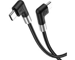 DrPhone FlexAngle 100W USB-C naar USB-C Kabel – Dubbel Haaks – PD Snelladen 100W – 5A – Gevlochten – E-Marker Chip – Voor Laptop Tablet Smartphone – 1m - Zwart