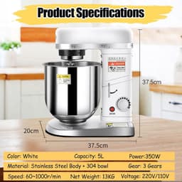 Elektrische Keukenrobot - Keukenmixer Standmixer - Bakken En Mixen - 3-in-1 Hulpstukken - 5 Liter Kom - Wit — thumbnail 2