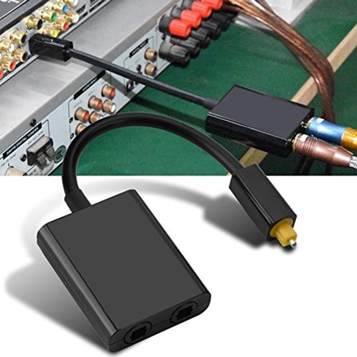 Digitale glasvezel splitter, 1-in-2-uit glasvezel audio splitter, lichtgolfgeleider adapter, zwart en wit (zwart) — afbeelding 1