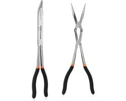 Set van rechte en gebogen tang, staal met lange punt en gekartelde tips, ideaal voor nauwkeurig werk in krappe ruimtes