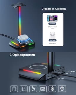 RGB Hoofdtelefoonstandaard met Draadloze Oplader - Gaming Headset Houder - Hoofdtelefoonhouder met USB en Type-C Poorten - 11 Verlichtingsmodi - Accessoire Organizer - Gaming Bureau Gadget - Zwart — thumbnail 4