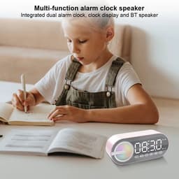 4-in-1 draadloze Bluetooth luidspreker wekker – Draagbare Bluetooth speaker, digitale klok, FM-radio, spiegelscherm, USB-opladen, RGB-verlichting – Geschikt voor thuis, buiten, kantoor & reizen – Roze — thumbnail 5