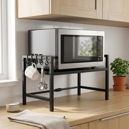 Lynexa Keukenkast Organizer Uitschuifbaar 38-64 cm - Magnetronkast - Magnetron Rek - Keukenrek met 6 Haken - Opbergrek voor Airfryer en Oven - Zwart — thumbnail 2