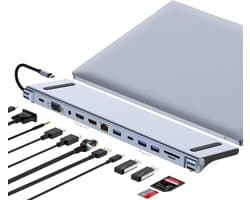 USB C Docking Station - Hub Adapter - Meerdere Apparaten Aansluiten - 12 Poorten - PD 100W - Zilver