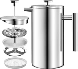 Roestvrij staal FRENCH PRESS/Franse Pers Koffiezetapparaat 34oz (1.0 Liter) met 3 Niveau Filtersysteem - Dubbelwandige Geïsoleerde Cafetière met 1 Extra Filter (Zilver) — thumbnail 1