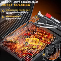 KESSER® Houtskoolbarbecue XL Barbeque Houtskool met Deksel, Wielen, Afdekkap, Roestvrij Stalen Handvat, Barbecuerooster en Thermometer, 8 Spiesen met Zakje & siliconen Borstel, grote BBQ Camping Terras Tuin — thumbnail 4