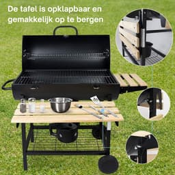 Barbecue Houtskool Wagenmodel Met Groot Grillrooster 75x39 cm – BBQ Met Ingebouwde Thermometer & Hittebestendige Chroomkleur – Houtskool Grill Met 2 Inklapbare Zijplanken & Wielen | Geschikt Voor 8-10 Personen — thumbnail 3