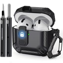 Zwart robuust hoesje voor oordopjes met carbon look geschikt voor AirPods 4 inclusief schoonmaakset en karabijnhaak – schokbestendig en duurzaam — thumbnail 1