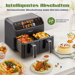 Lunekiss Dual Airfryer 9L 2x4,5L – Dubbele Mand – 2000W – LED Touchscreen – 10 Programma’s – 80-200°C – met Kijkvenster — thumbnail 4