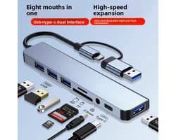 USB-C Hub 8-in-1 – USB 3.0 Multiport Adapter met SD/TF Kaartlezer, 3.5mm Audio & Type-C – Supersnelle 5Gbps – Plug & Play – Voor MacBook, Laptop & PC