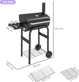 Premie Houtskool Barbecue - Smoker Barbecue - Barbecuegrill - Houtskoolgrill met Deksel, Handgrepen, Thermometer, Wielen - Verplaatsbaar - BBQ voor buiten, tuin - 83 x 46,5 x 115 cm - Zwart — thumbnail 4