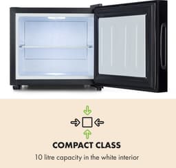 Klarstein Mini-Koelkast Frosty Vrijstaande - 10 Liter - Losse Glazen Bodemplaat - 33dB - Koele Frisheid - Voor Gastkamers Of Slaapkamers - Glansrijk - Thermo-elektrisch Koelsysteem - Spiegelglasdeur - praktisch - Elegant - Zwart — thumbnail 11