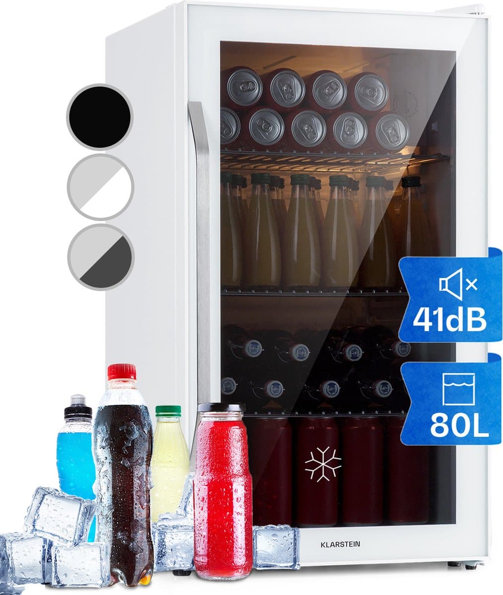 Klarstein Drankkoeler minikoelkast met glazen deur, minikoelkast voor op de kamer, kleine met verstelbare schappen, kleine koelkast van 80 liter, stille koelkast voor binnen en buiten - Touch - Wit - RVS LED - Drankkoelkast — afbeelding 1