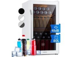 Klarstein minikoelkast met glazen deur, minikoelkast voor op de kamer, kleine drankkoeler met verstelbare schappen, kleine koelkast van 80 liter, stille koelkast voor binnen en buiten