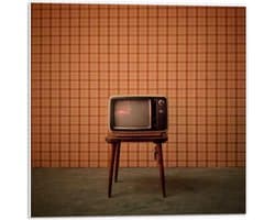 KuijsFotoprint - Schilderij - Oude Televisie Krukje Muur - Wit, Bruin En Oranje - 50 X 50 Cm