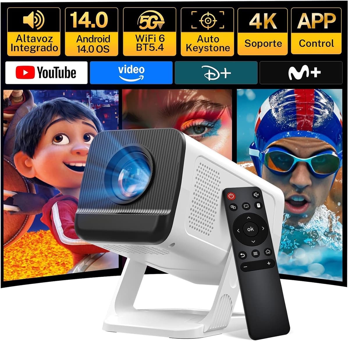 [Ingebouwde Apps & Android 14] Mini Beamer met 5G Wi-Fi 6, Bluetooth 5.4, Ondersteunt 4K/1080P, Auto Keystone, 270° Draaibaar - Compatibel met HDMI/TV Stick/USB/iOS/Android — afbeelding 1
