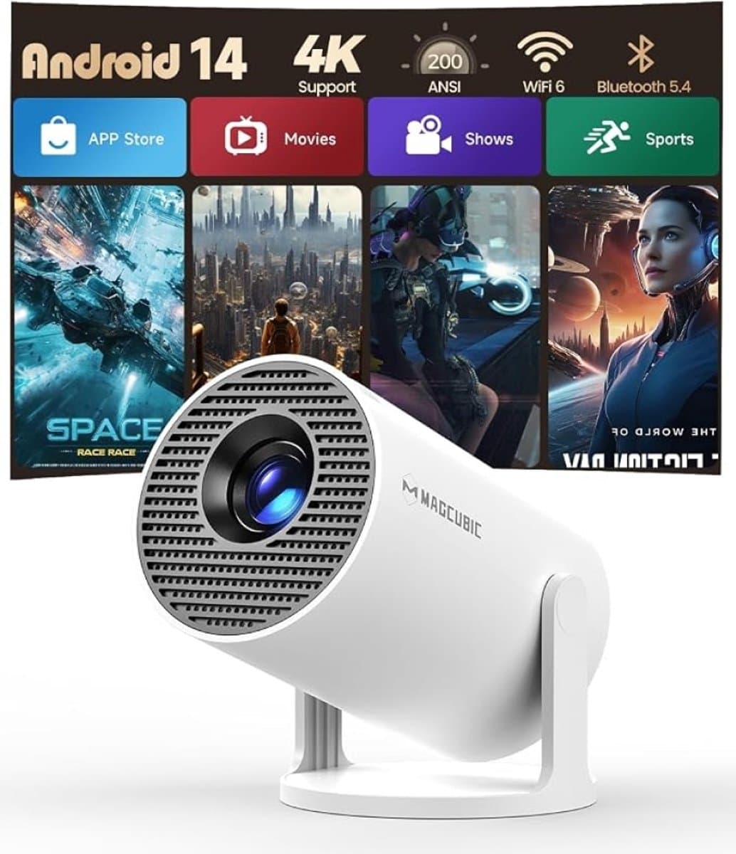 Velqon Draagbare Projector met Android 14, 4K Ondersteuning, 1080P Full HD, 200 ANSI Lumen, 5G WiFi 6, Bluetooth 5.4, 180° Draaibaar — afbeelding 1
