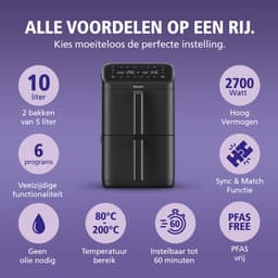 Brabantia Dubbele Airfryer XXL - 10 Liter - Gestapelde Lades - PFAS-Vrij - 2700W Vermogen - 6 Kookprogramma's - BBEK1240 — thumbnail 2